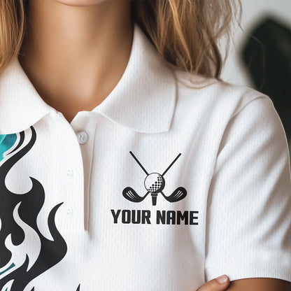 Blue Turquoise Flame pattern Black and White Womens golf polos shirts custom golf attire for women NQS9436
