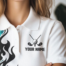 Load image into Gallery viewer, Blue Turquoise Flame pattern Black and White Womens golf polos shirts custom golf attire for women NQS9436