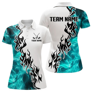 Blue Turquoise Flame pattern Black and White Womens golf polos shirts custom golf attire for women NQS9436