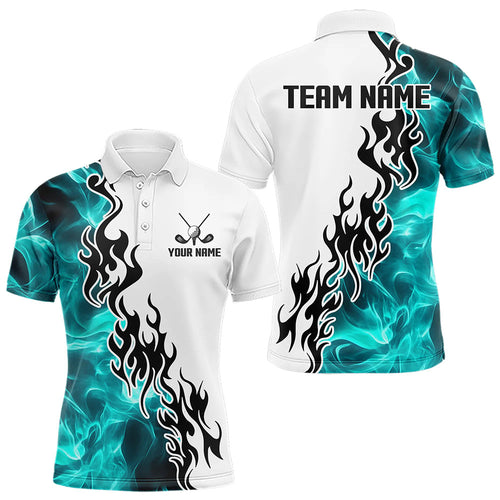 Blue Turquoise Flame pattern Black and White Mens golf polos shirts custom golf attire for men NQS9436