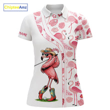 Load image into Gallery viewer, Funny White and Pink Flamingo golf polo shirts for Women Custom team Flamingo golf outfit ladies NQS11546
