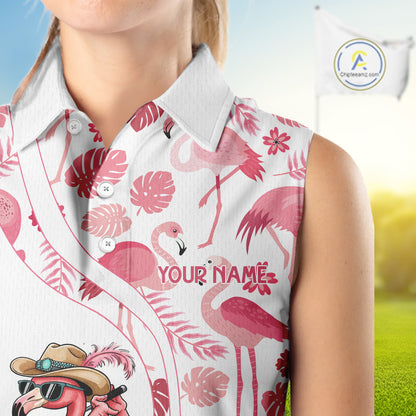 Funny White and Pink Flamingo sleeveless golf polo shirts Custom team Flamingo golf outfit ladies NQS11546