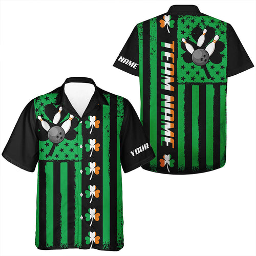 Black & Green American flag Irish Bowling hawaiian shirt Custom St Patrick Day Bowling button up shirt NQS9612