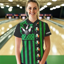 Load image into Gallery viewer, Black and Green American flag Irish Women bowling shirts Custom St Patrick Day Bowling Team Jersey NQS9612