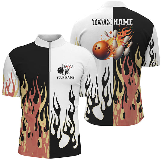 Black and white Men bowling Quarter Zip shirts Custom flame bowling Team Jerseys, bowling shirts men NQS7351