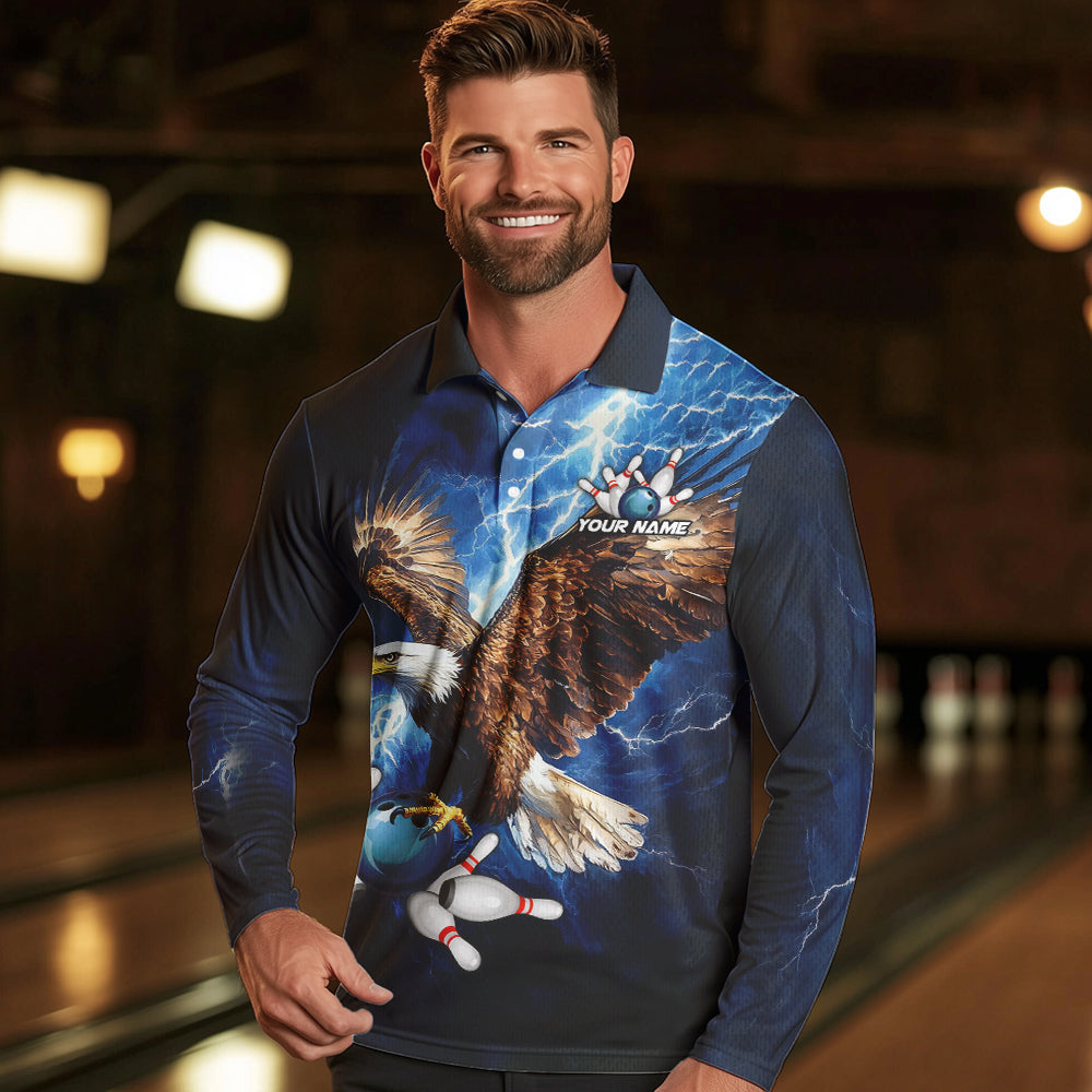 Custom Blue Lightning Thunder storm Eagle Men Bowling Shirts, Bowling Team Jerseys Outfits NQS9765