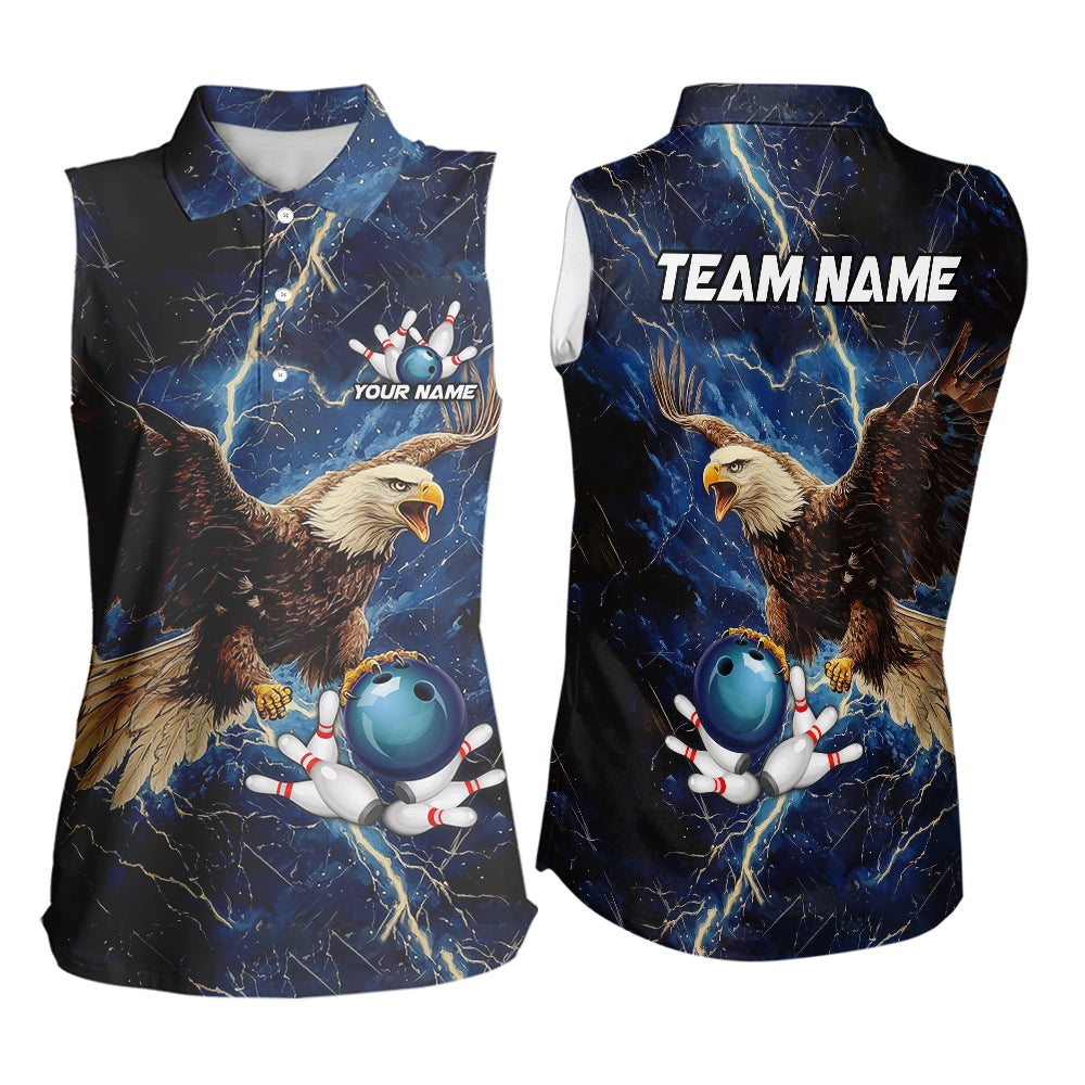 Custom Eagle Bowling Sleeveless Polo Shirt For Women Blue Lightning Thunder storm, Bowling Team Jersey NQS9766