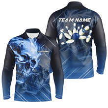 Load image into Gallery viewer, Personalized Skull Bowling Polo, Quarter zip shirts For Men Custom Team Flame Bowler Jerseys | Blue NQS7684