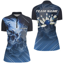 Load image into Gallery viewer, Personalized Skull Bowling Polo, Quarter zip shirts For Women Custom Team Flame Bowler Jerseys | Blue NQS7684
