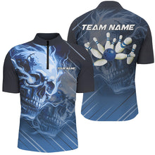 Load image into Gallery viewer, Personalized Skull Bowling Polo, Quarter zip shirts For Men Custom Team Flame Bowler Jerseys | Blue NQS7684