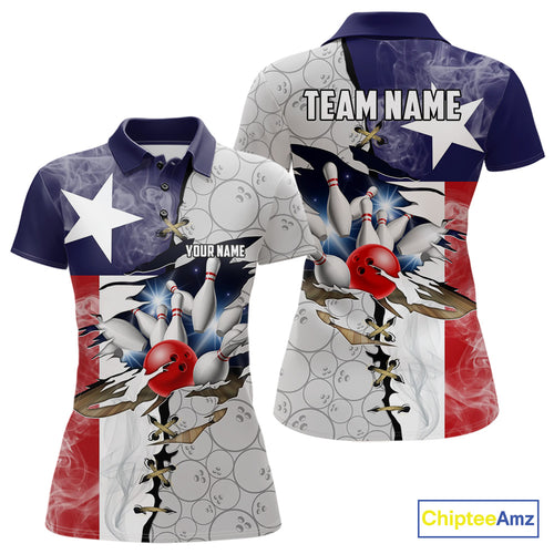 Smoke Texas Flag Gray Camo Bowling Polo, 1/4 Zip shirt for Women Custom patriotic Team bowling jersey NQS10532