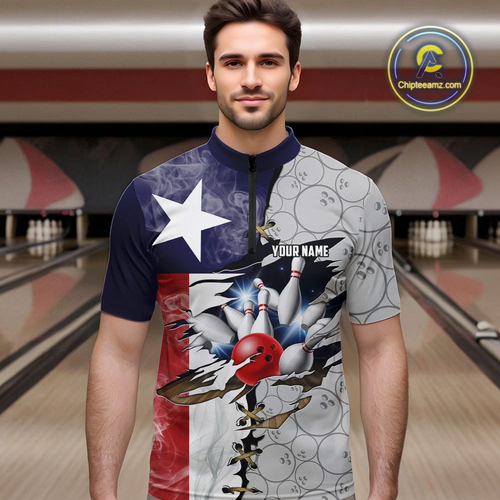 Smoke Texas Flag Gray Camo Bowling Polo, 1/4 Zip shirt for men Custom patriotic Team bowling jersey NQS10532