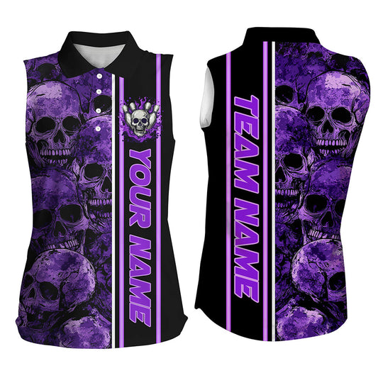 Personalized Skull Bowling sleeveless polo Shirts For Women Custom Team's Name Bowler Jerseys | Purple NQS8560