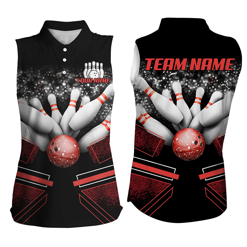 Black and Red Womens sleeveless polo bowling shirt Custom Bowling Ball And Pins Team League Jerseys NQS8800