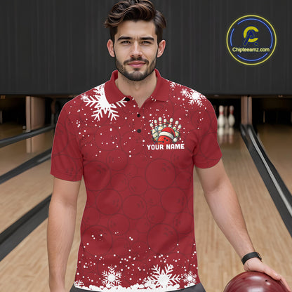 Red Christmas Bowling snowflake Men's Bowling Polo, Quarter Zip shirts Custom Xmas Bowling Outfits NQS10949