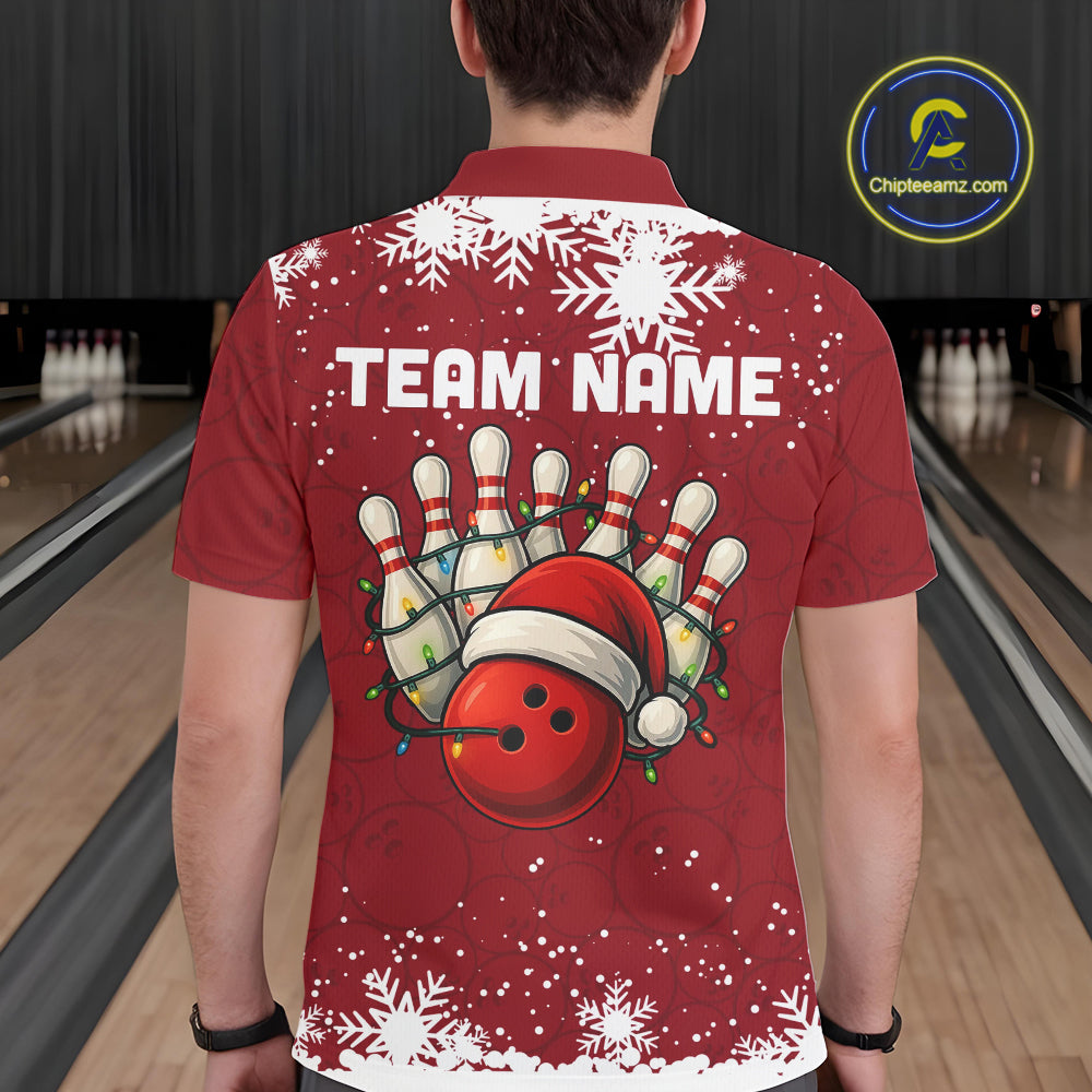 Red Christmas Bowling snowflake Men's Bowling Polo, Quarter Zip shirts Custom Xmas Bowling Outfits NQS10949