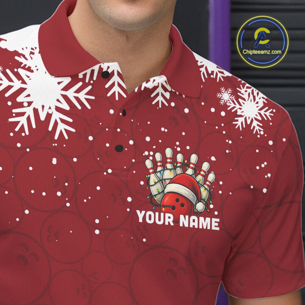 Red Christmas Bowling snowflake Men's Bowling Polo, Quarter Zip shirts Custom Xmas Bowling Outfits NQS10949
