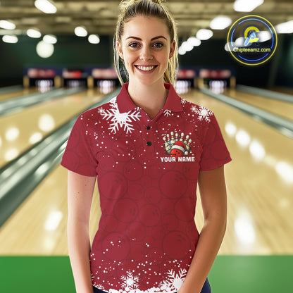 Red Christmas Bowling snowflake Women's Bowling Polo, Quarter Zip shirts Custom Xmas Bowling Outfits NQS10949