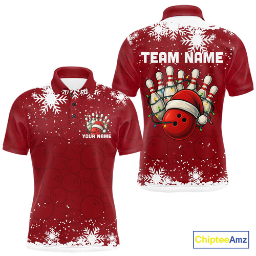 Red Christmas Bowling snowflake Men's Bowling Polo, Quarter Zip shirts Custom Xmas Bowling Outfits NQS10949