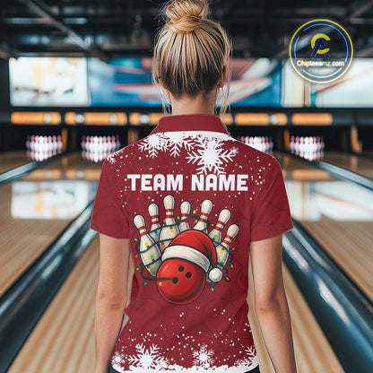 Red Christmas Bowling snowflake Women's Bowling Polo, Quarter Zip shirts Custom Xmas Bowling Outfits NQS10949