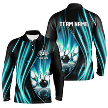 Load image into Gallery viewer, Cyan Blue and Black Light Men Polo, Quarter Zip Shirts Custom bowling team jerseys, gift for bowlers NQS9037