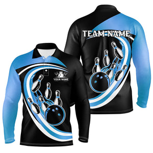 Black and Blue Bowling Polo, 1/4 Zip Shirts For Men Custom Bowling Team League Jersey, Gift For Bowler NQS9042