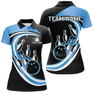 Black & Blue Bowling Polo, 1/4 Zip Shirts For Women Custom Bowling Team League Jersey, Gift For Bowler NQS9042