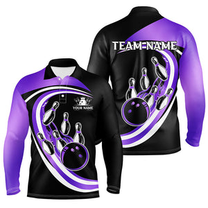 Black and Purple Bowling Polo, 1/4 Zip Shirt For Men Custom Bowling Team League Jersey,Gift For Bowler NQS9044