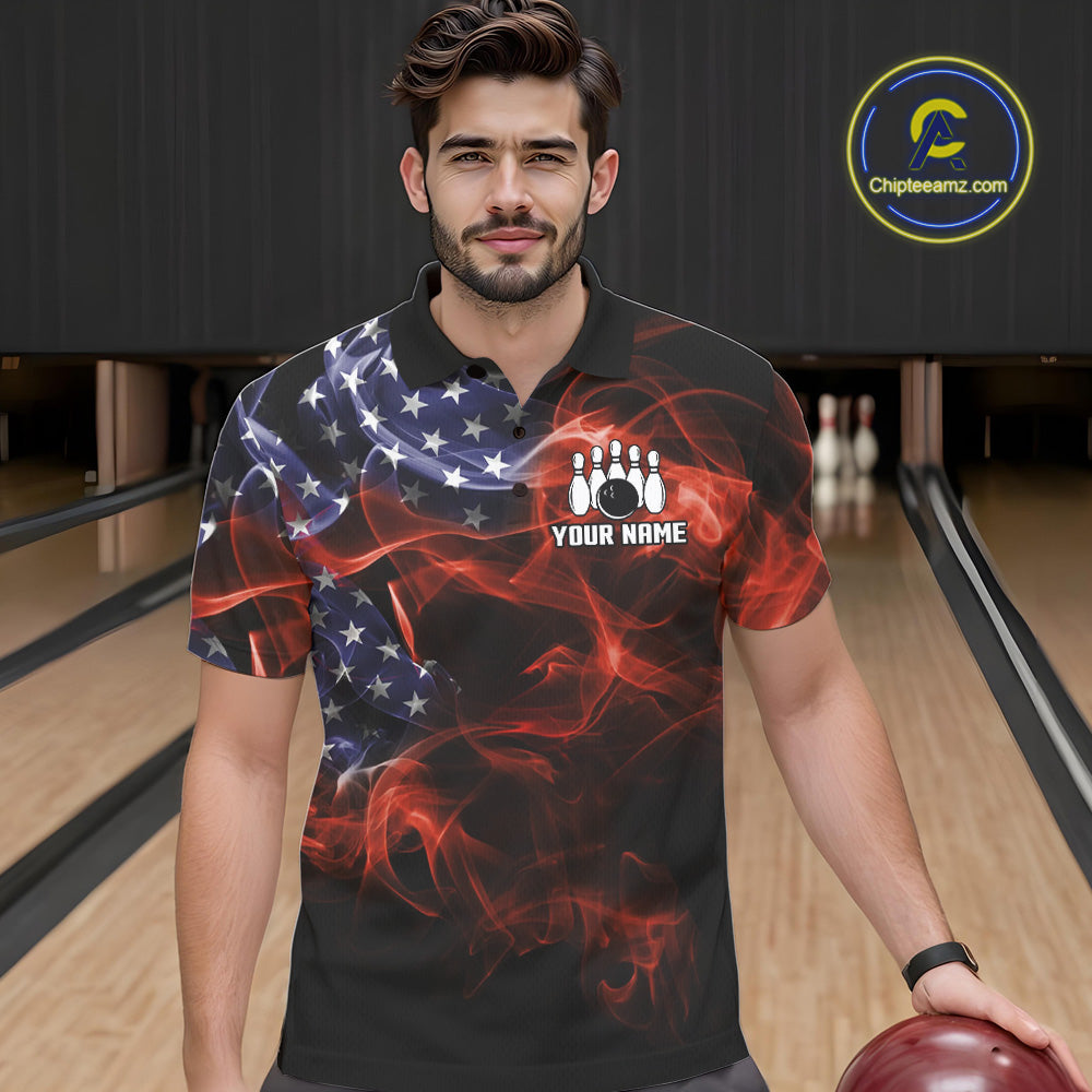 Personalized US Flag Smoke Bowling Shirts For Men Custom Patriotic Team Bowling Jerseys NQS11136