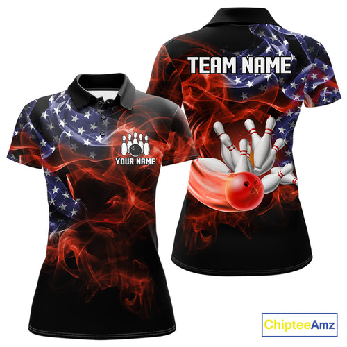 Personalized US Flag Smoke Bowling Shirts For Women Custom Patriotic Team Bowling Jerseys NQS11136