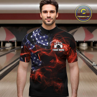 Personalized US Flag Smoke Bowling Shirts For Men Custom Patriotic Team Bowling Jerseys NQS11136