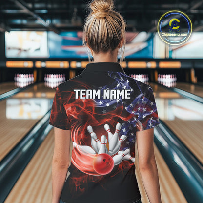Personalized US Flag Smoke Bowling Shirts For Women Custom Patriotic Team Bowling Jerseys NQS11136