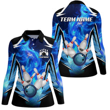 Load image into Gallery viewer, Blue Flame Bowling Ball and Pins Bowling Polo, Quarter Zip Shirts for Women Custom Bowling Team jersey NQS9283