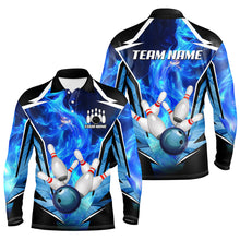 Load image into Gallery viewer, Blue Flame Bowling Ball and Pins Bowling Polo, Quarter Zip Shirts for Men Custom Bowling Team jersey NQS9283