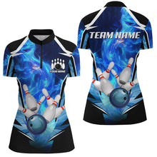 Load image into Gallery viewer, Blue Flame Bowling Ball and Pins Bowling Polo, Quarter Zip Shirts for Women Custom Bowling Team jersey NQS9283