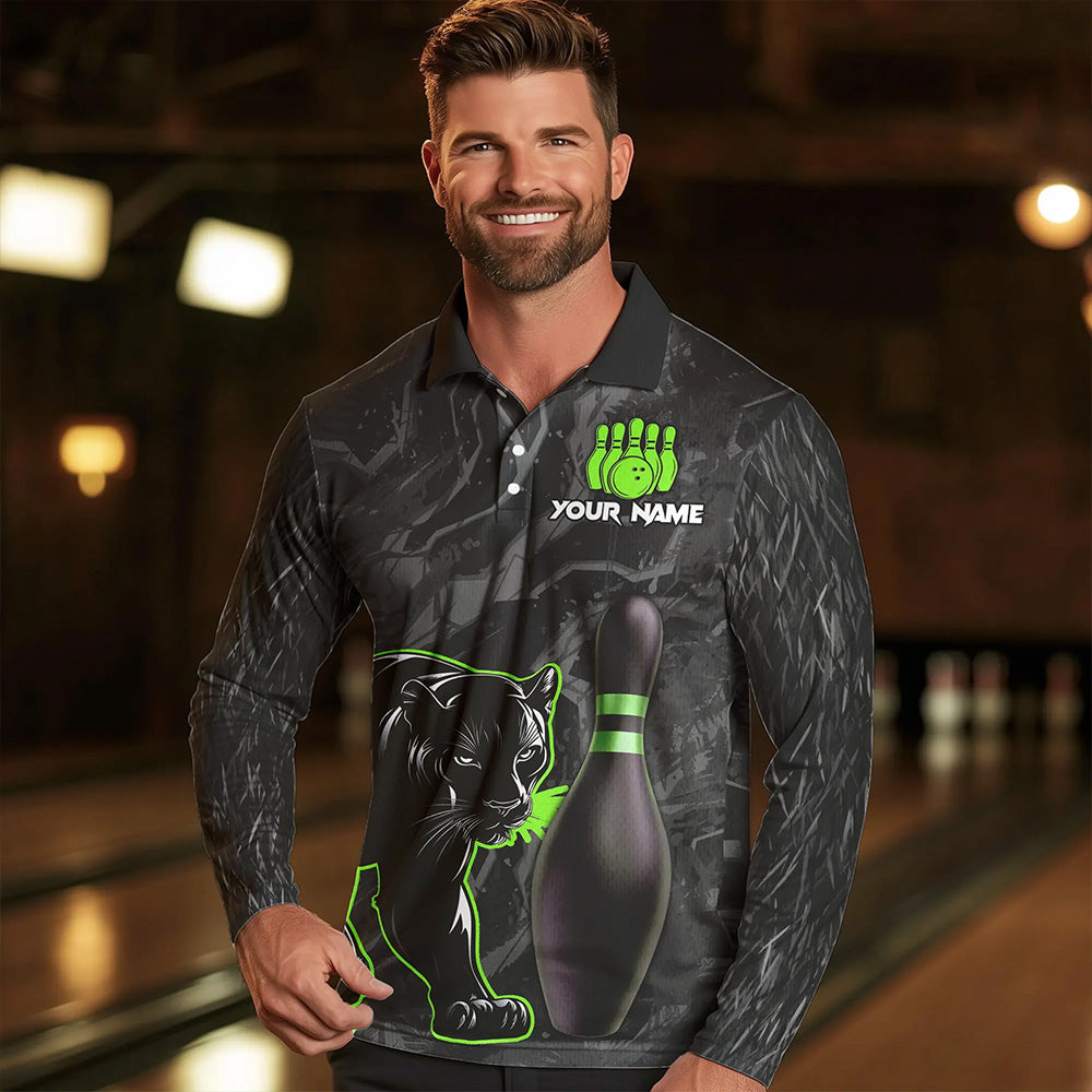 Black Camo Panther Green Flame Bowling Polo, 1/4 Zip Shirts For Men Custom Bowling Team League Jersey NQS9442