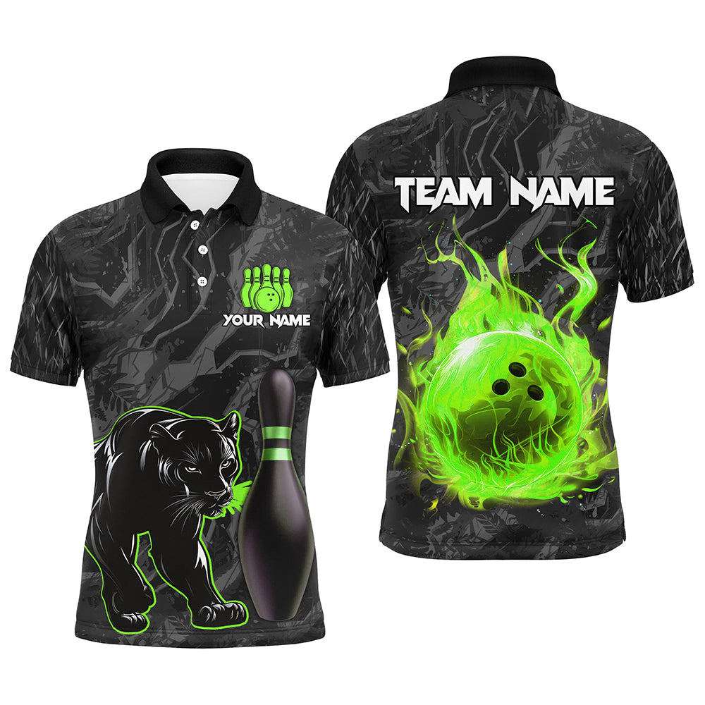 Black Camo Panther Green Flame Bowling Polo, 1/4 Zip Shirts For Men Custom Bowling Team League Jersey NQS9442