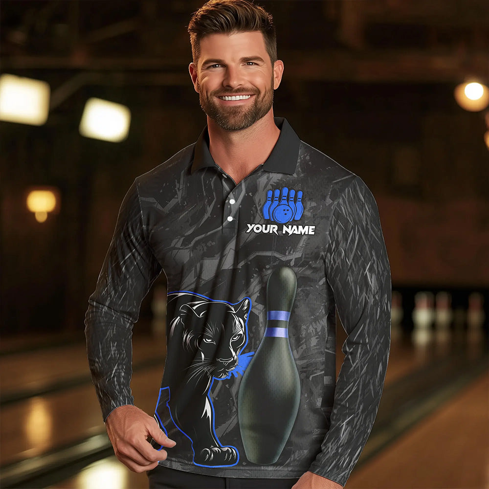 Black Camo Panther Blue Flame Bowling Polo, 1/4 Zip Shirts For Men Custom Bowling Team League Jersey NQS9443