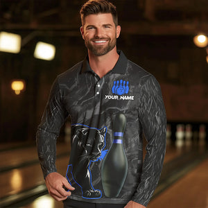Black Camo Panther Blue Flame Bowling Polo, 1/4 Zip Shirts For Men Custom Bowling Team League Jersey NQS9443