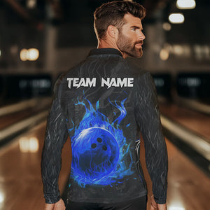 Black Camo Panther Blue Flame Bowling Polo, 1/4 Zip Shirts For Men Custom Bowling Team League Jersey NQS9443