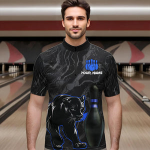 Black Camo Panther Blue Flame Bowling Polo, 1/4 Zip Shirts For Men Custom Bowling Team League Jersey NQS9443