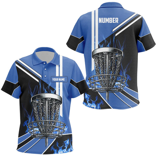 Kid Disc golf polo shirts custom blue flame disc golf basket frisbee golf outfit, disc golf apparel NQS7358