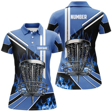 Load image into Gallery viewer, Women disc golf polo shirts custom blue flame disc golf basket frisbee golf outfit, disc golf apparel NQS7358