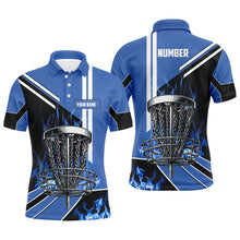 Load image into Gallery viewer, Mens disc golf polo shirt custom blue flame disc golf basket frisbee golf outfit, disc golf apparel NQS7358