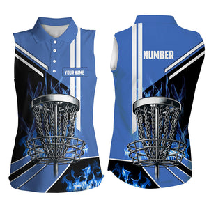 Women disc golf sleeveless polo shirts custom blue flame disc golf basket, frisbee golf outfits NQS7358