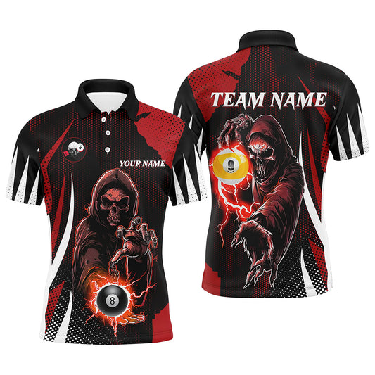 Funny Red Grim Reaper With Billiard 8 Ball & 9 Ball Men Polo Shirts Custom Billiard Team Jersey TDM1340