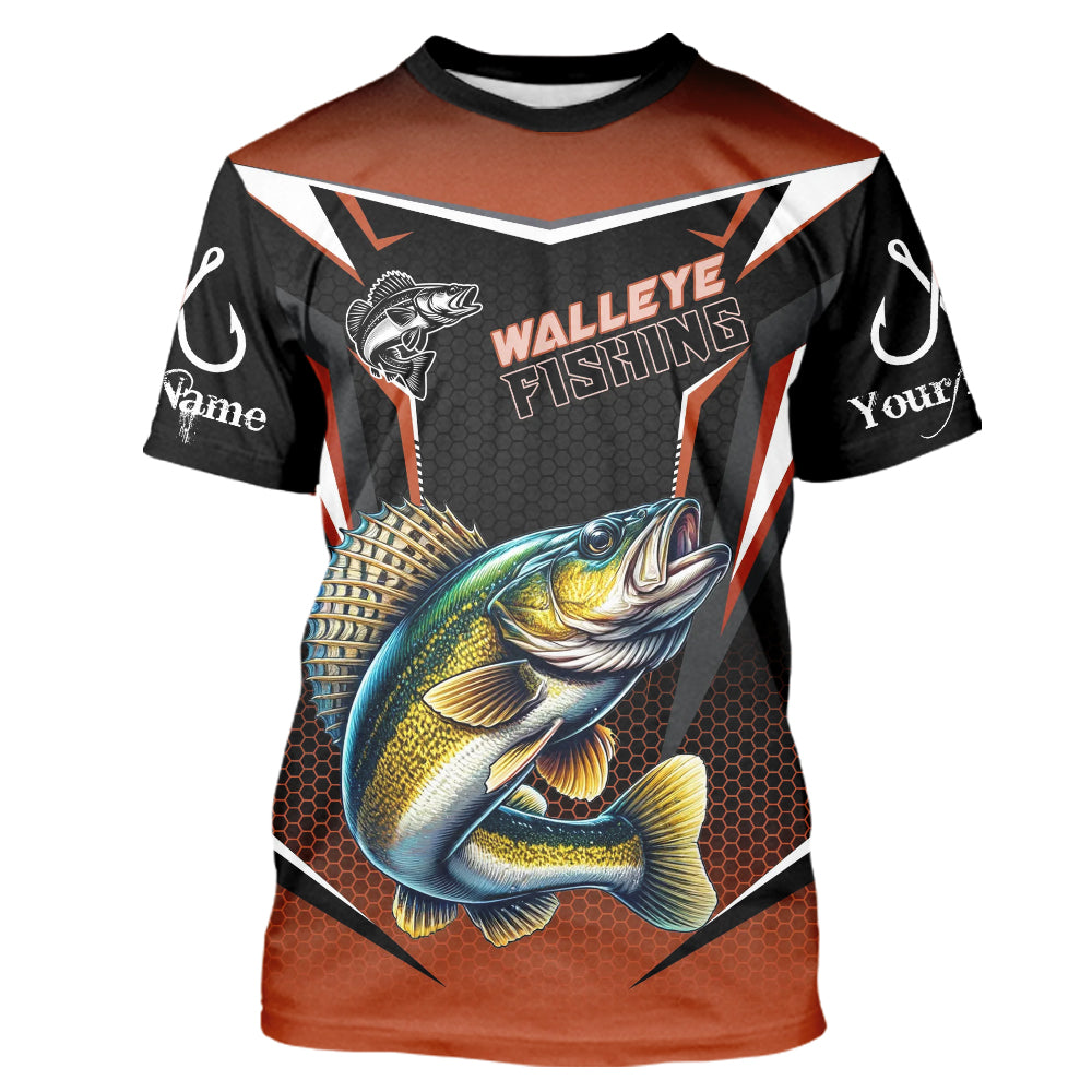 Black and Orange Walleye Long Sleeve Fishing Shirt, Personalized Walleye Fishing Tounament Jersey NQS9772