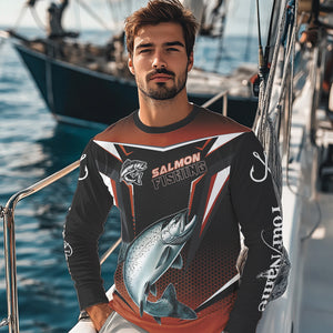 Black & Orange Chinook Salmon Long Sleeve Fishing Shirt, Personalized Salmon Fishing Tounament Jersey NQS9773