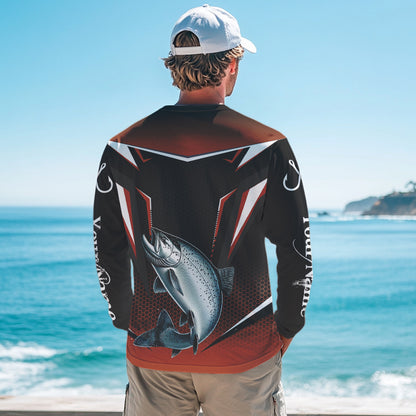Black & Orange Chinook Salmon Long Sleeve Fishing Shirt, Personalized Salmon Fishing Tounament Jersey NQS9773