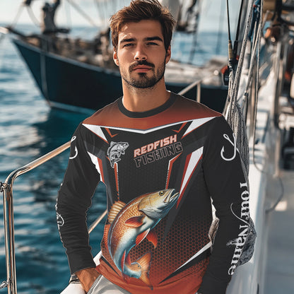 Black and Orange Redfish Long Sleeve Fishing Shirt, Personalized Red Drum Fishing Tounament Jersey NQS9774